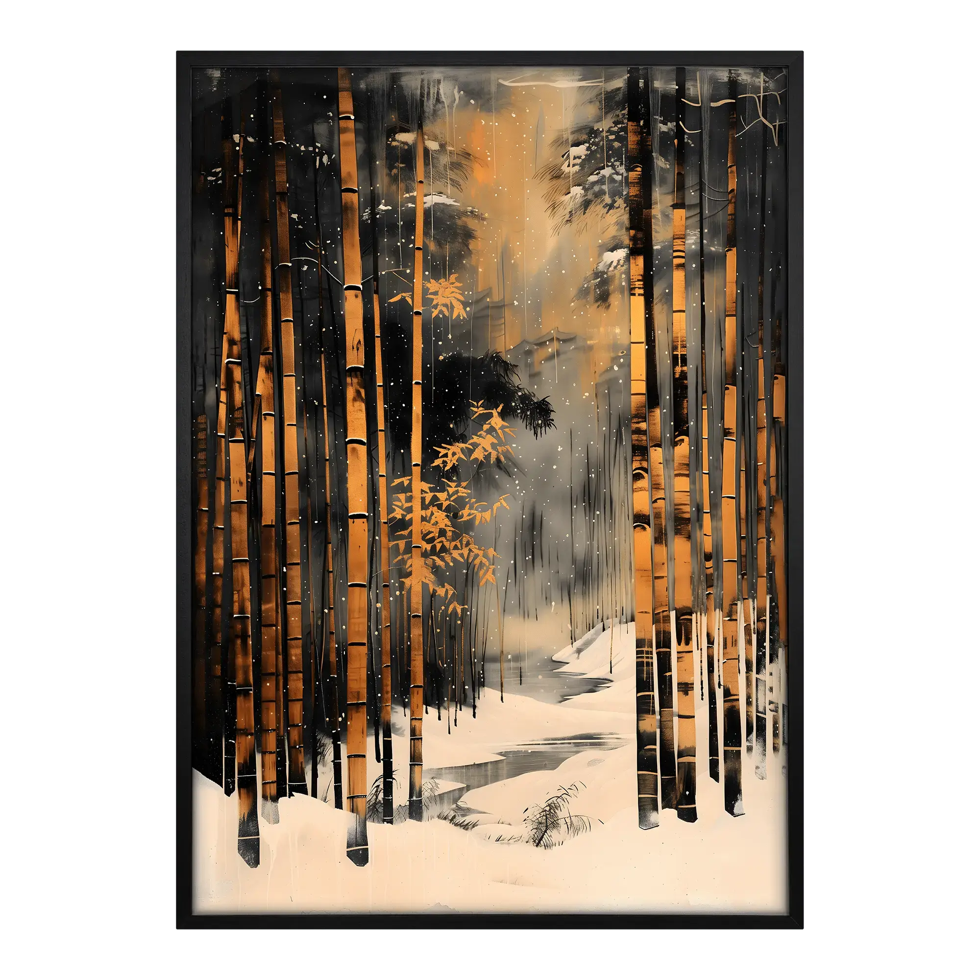 japanese wall art print Bamboo in the Snow black wood framed
