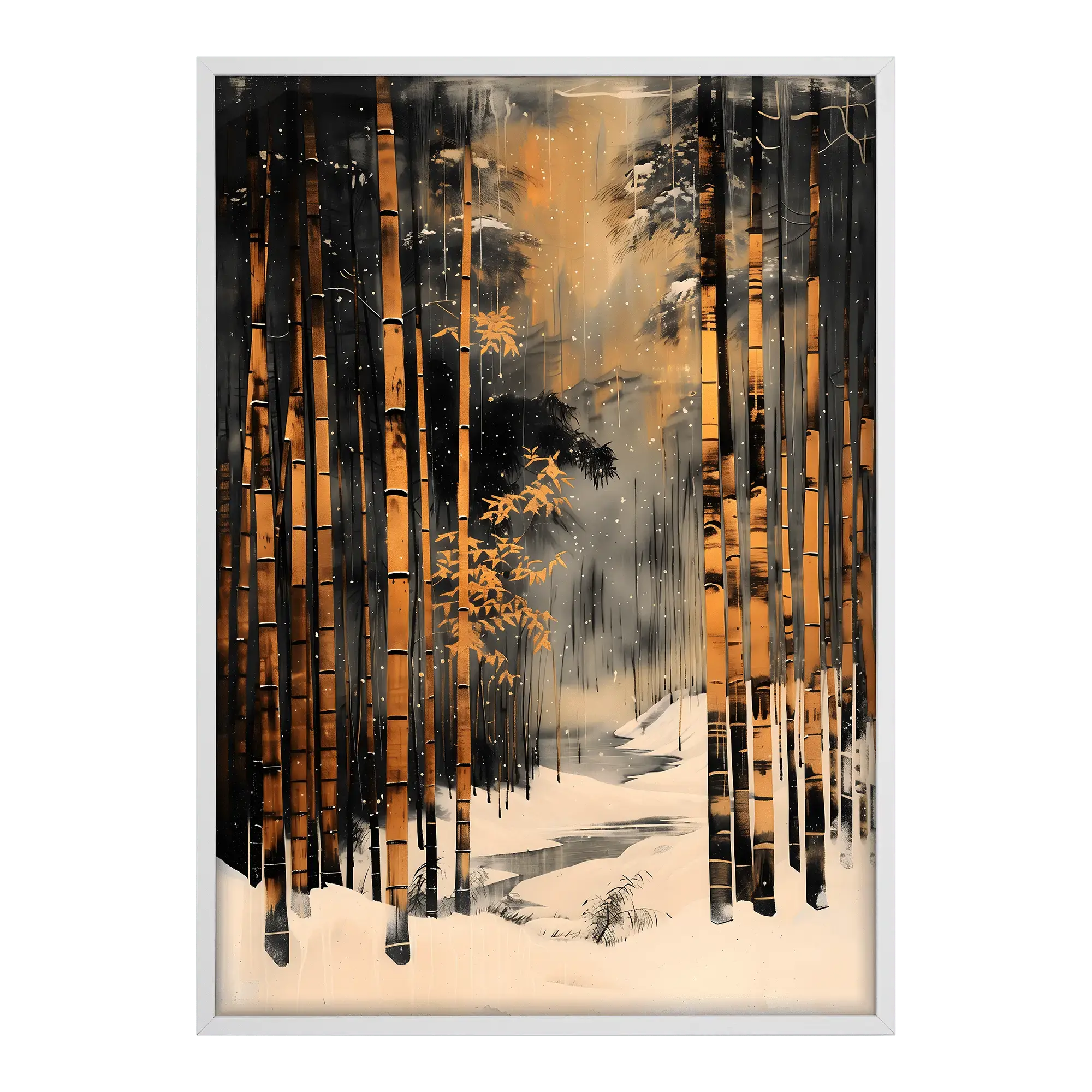 japanese wall art print Bamboo in the Snow white wood framed
