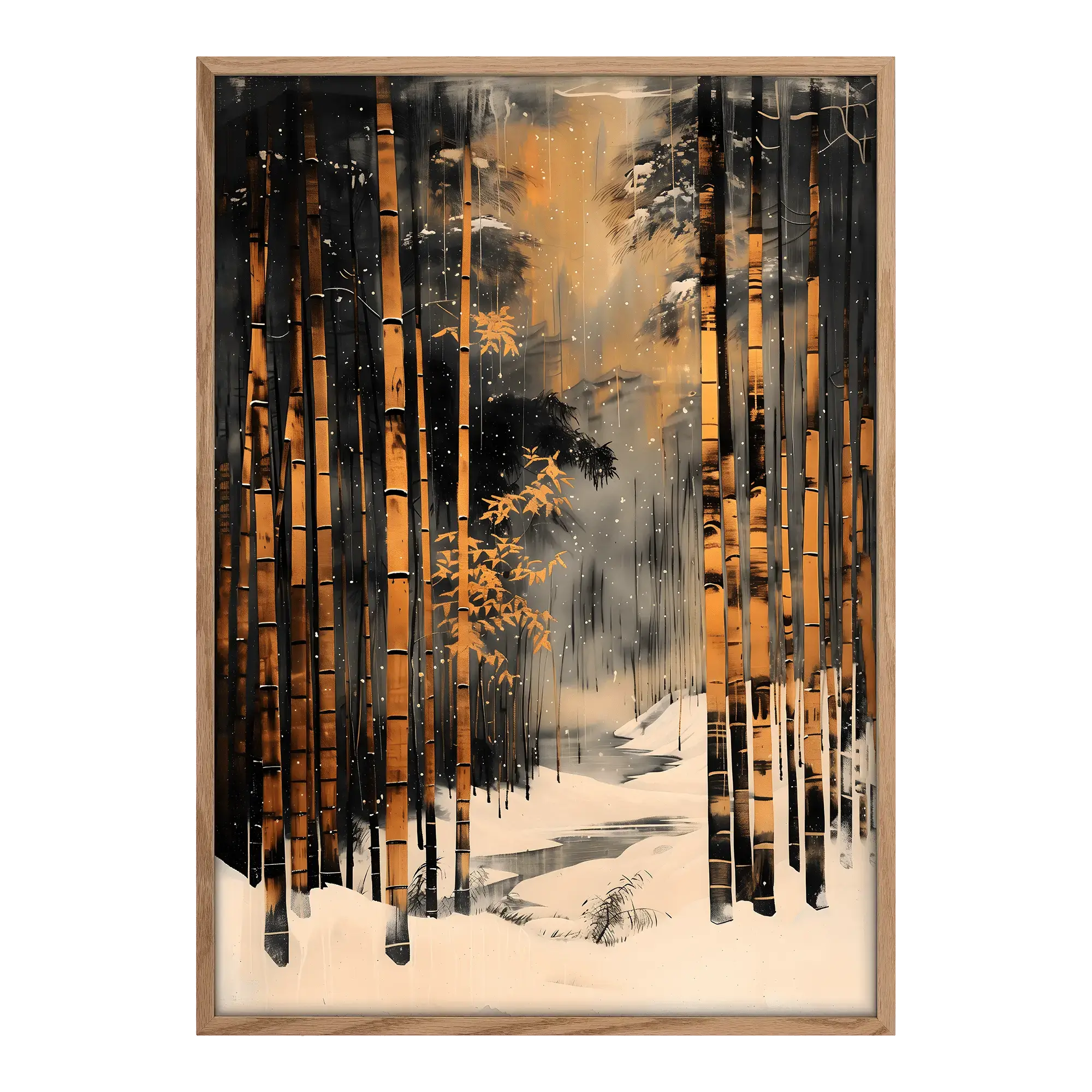 japanese wall art print Bamboo in the Snow natural wood framed