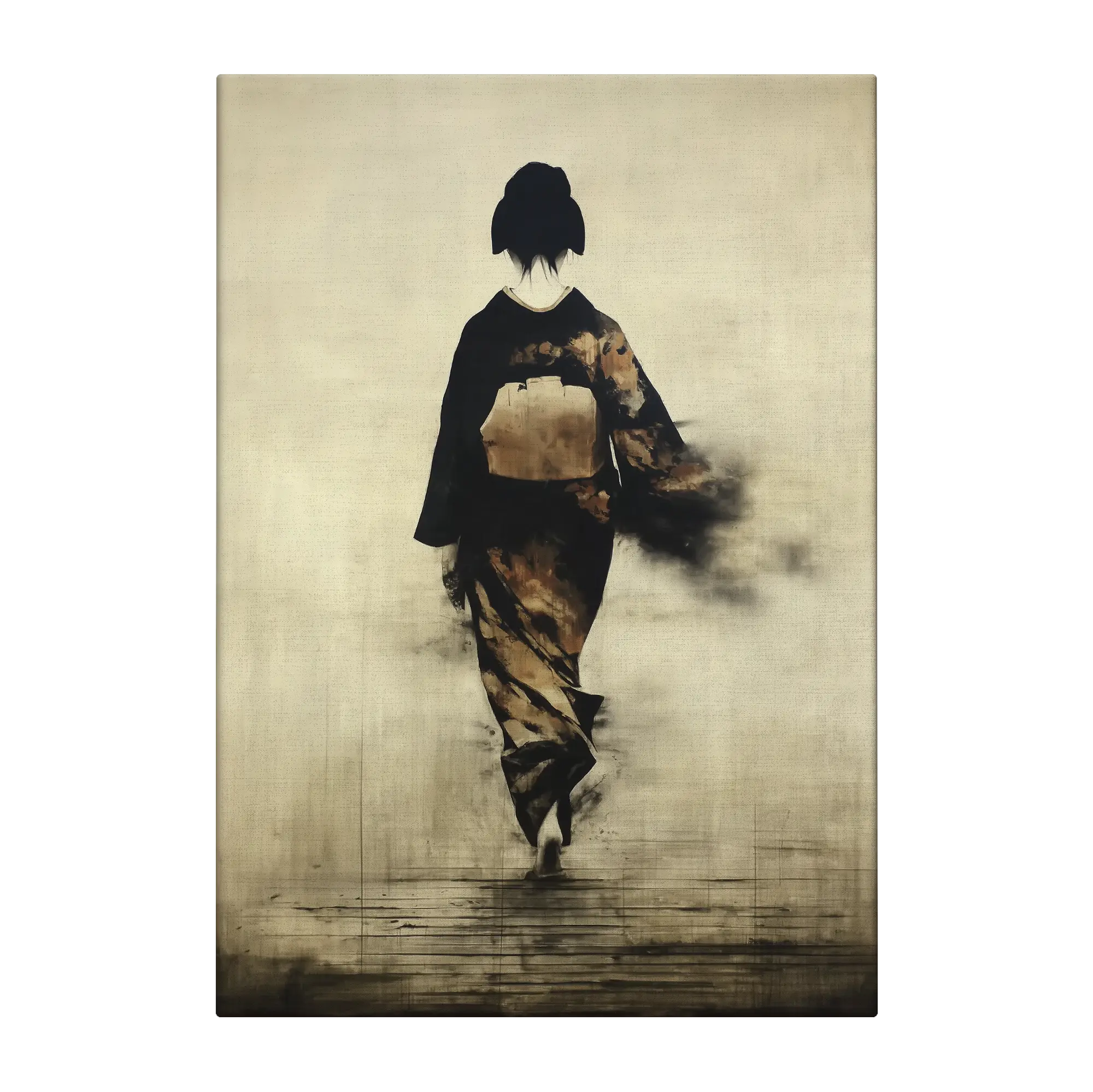 Japanese art print her way of an abstract woman in a kimono in black and beige tones on unframed canvas