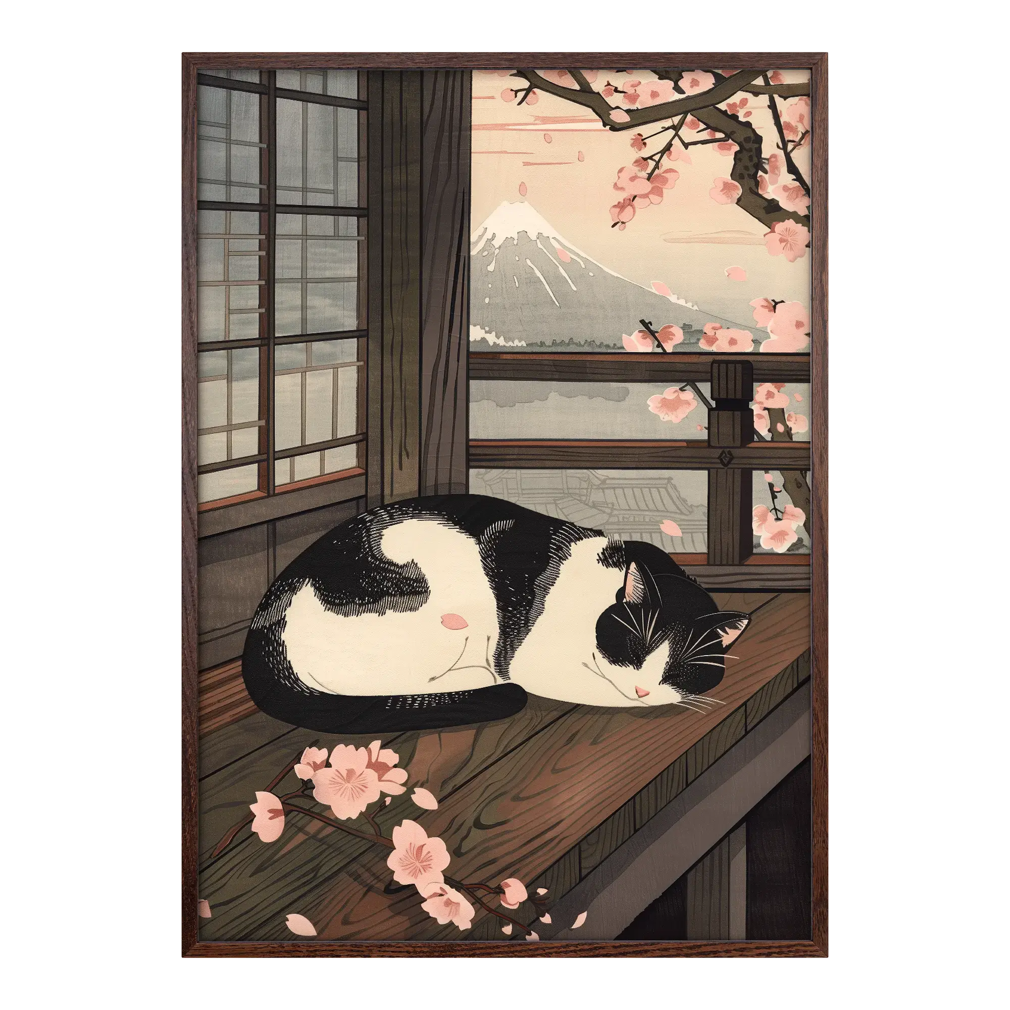 Japanese art print Sleeping Cat in Spring in a dark wood frame