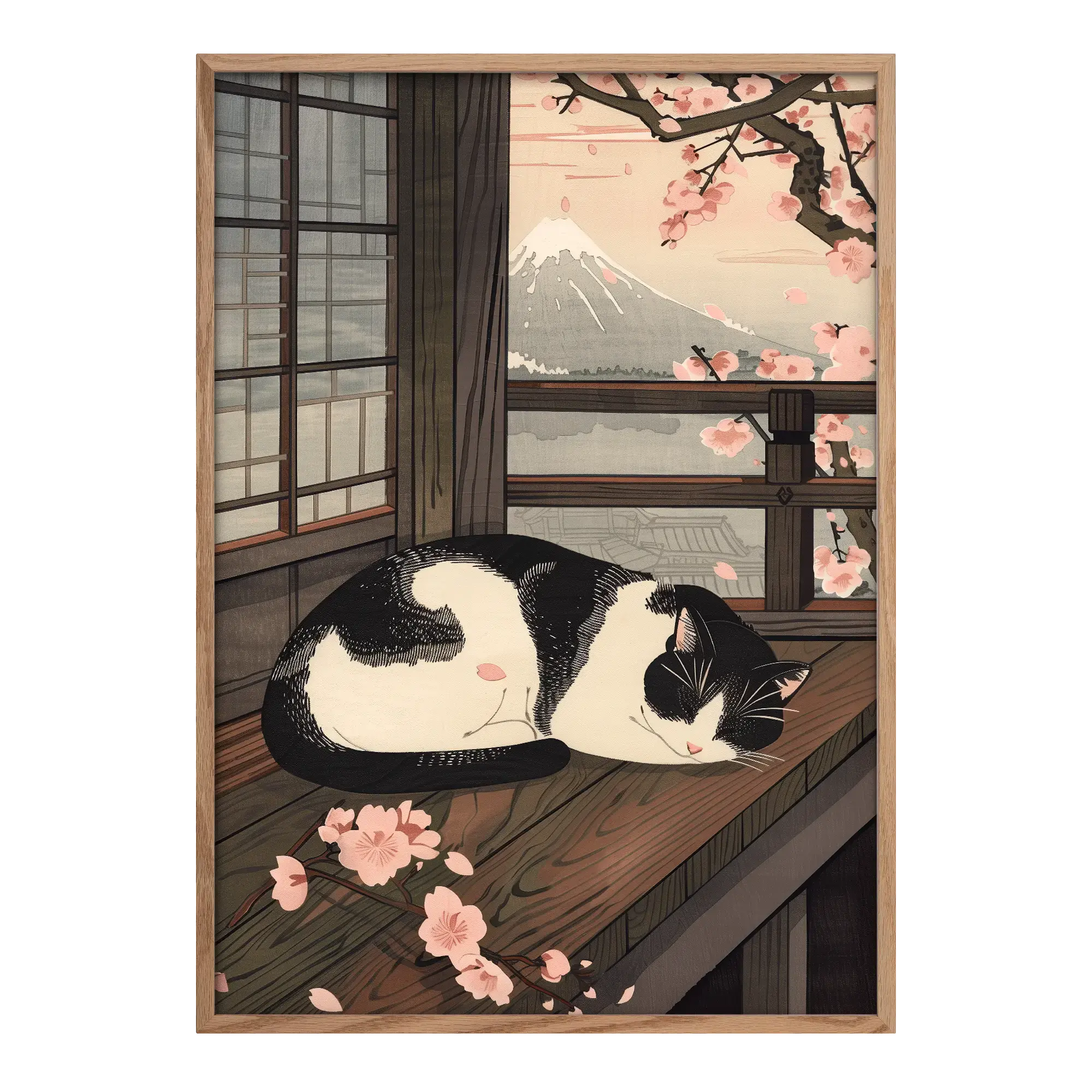 Japanese art print Sleeping Cat in Spring in a natural wood frame