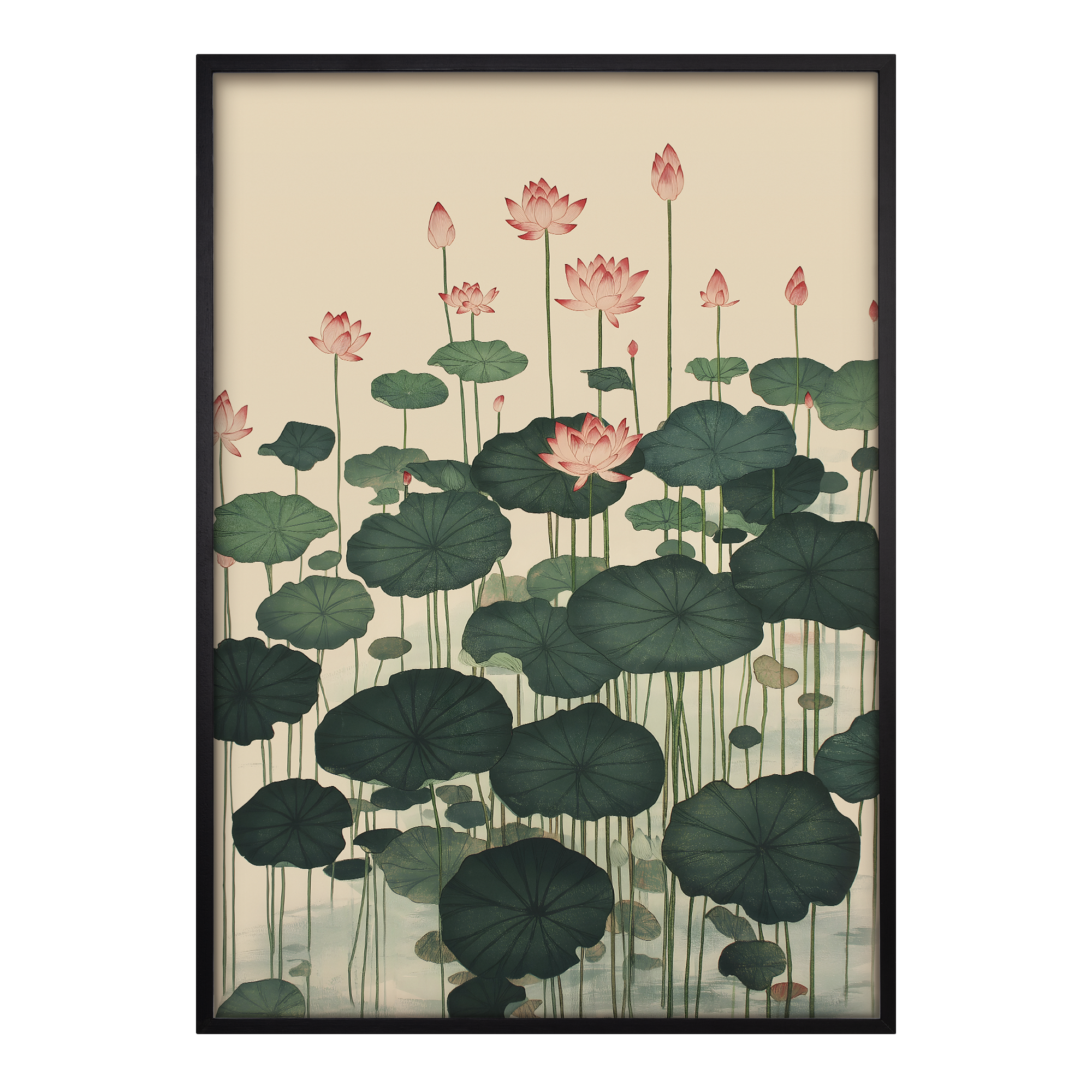 Lotus Forest Japanese art print in a modern black frame