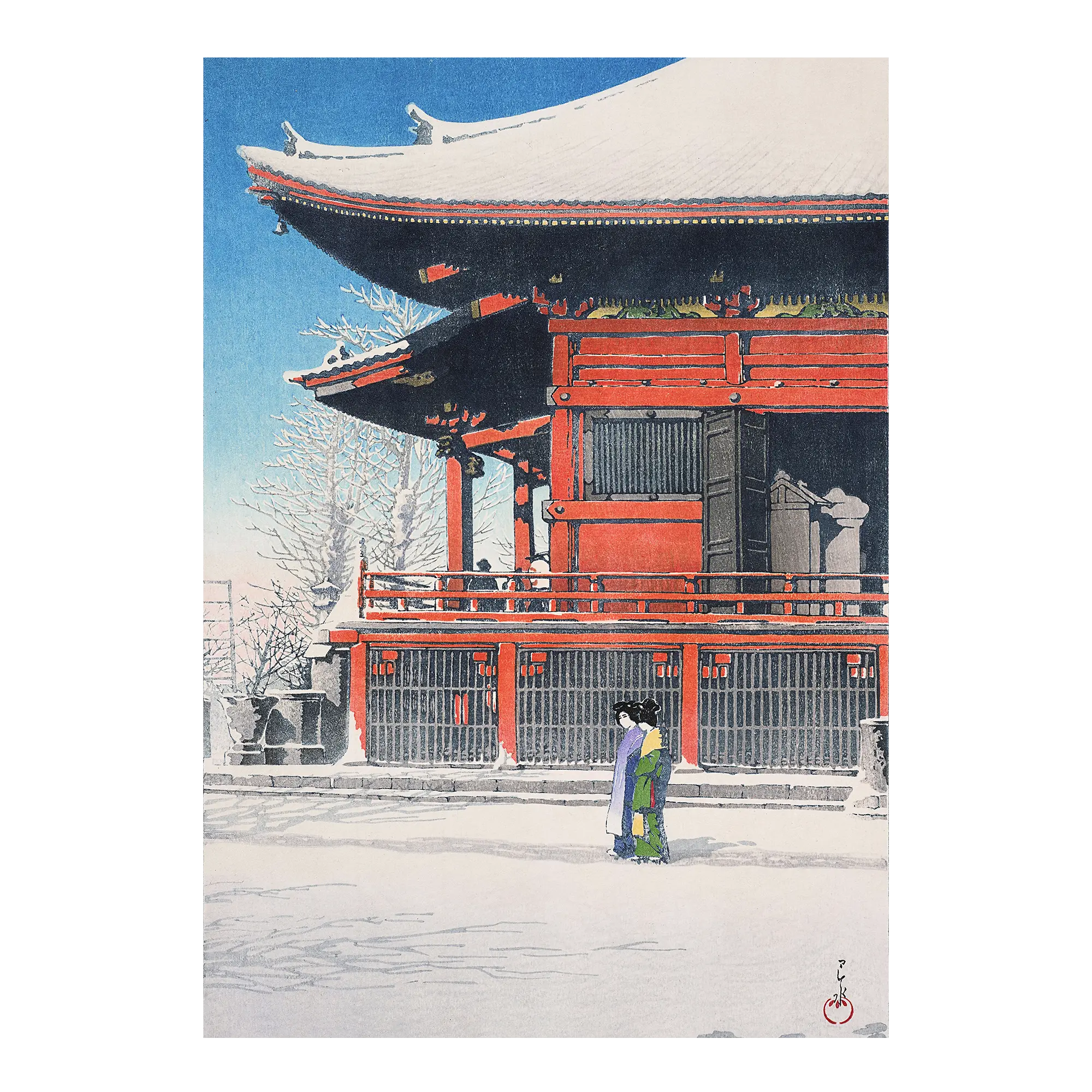 Clearing After a Snowfall at Asakusa Japanese art unframed print showing Asakusa Kannon Temple grounds after snow with figures walking in traditional winter scene