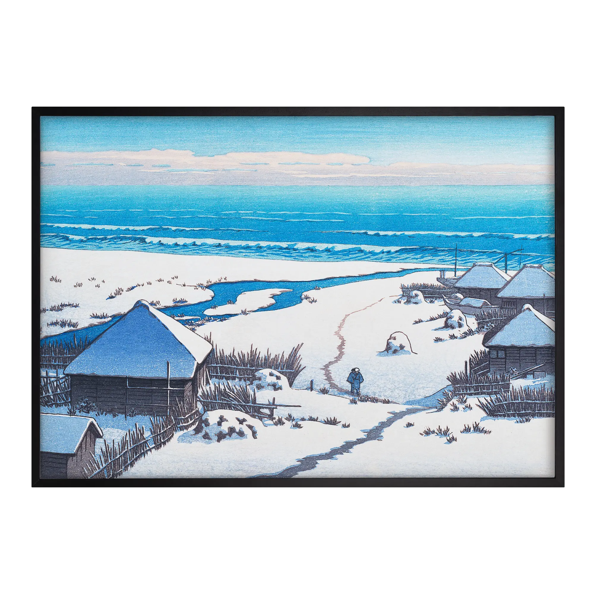 Onjuku, Chiba Japanese art print black frame showing a coastal village scene with boats and shoreline in classic woodblock style