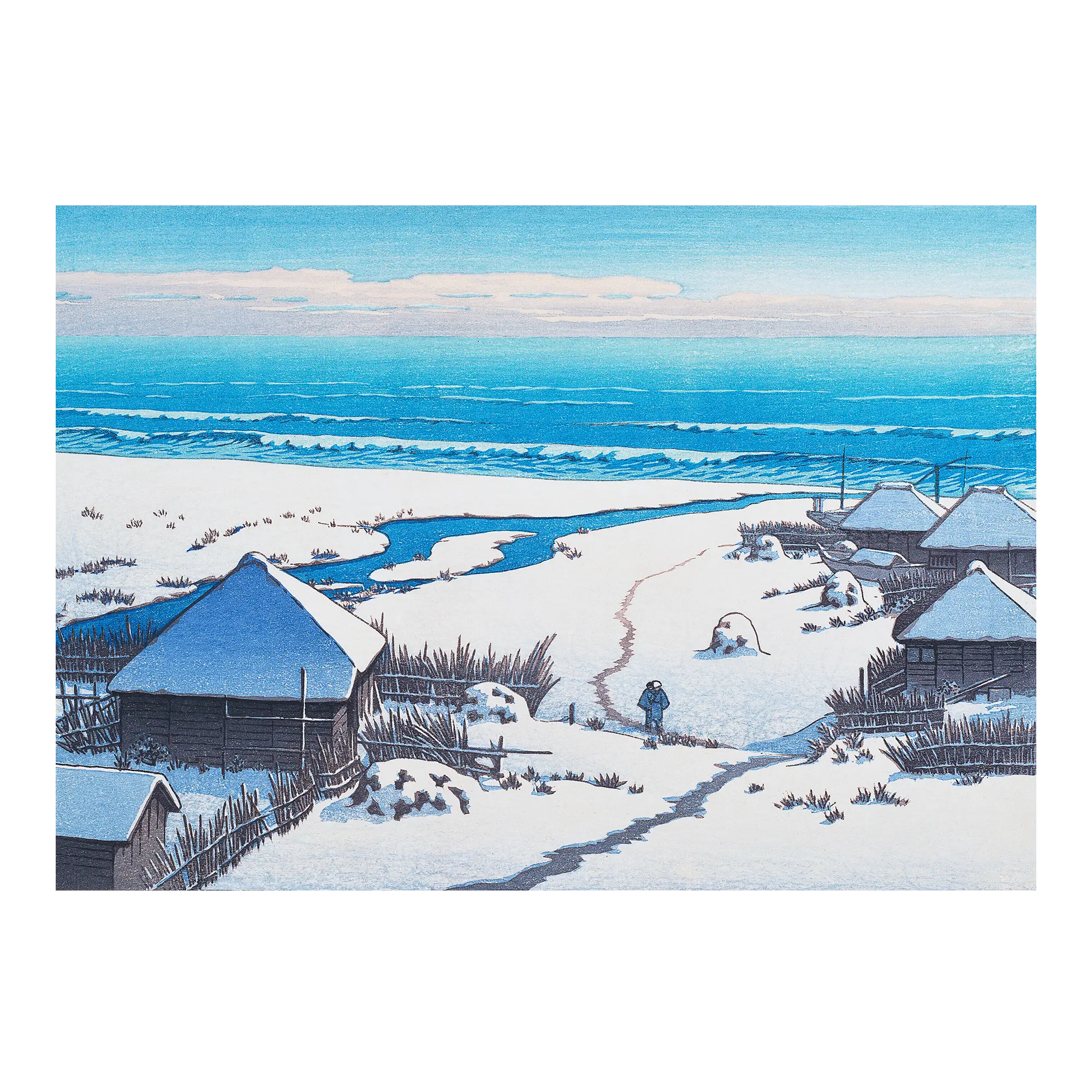 Onjuku, Chiba Japanese art print unframed showing a coastal village scene with boats and shoreline in classic woodblock style