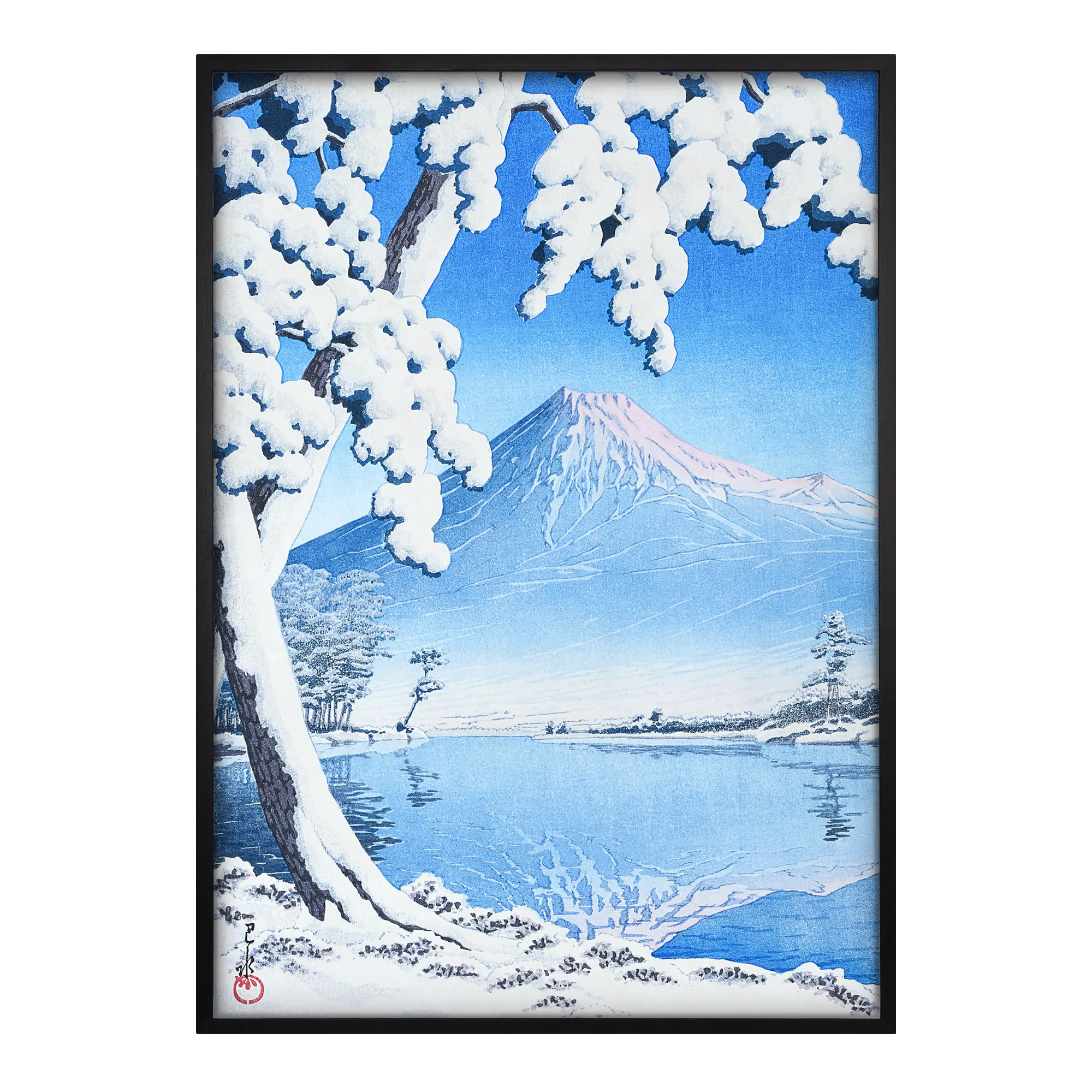 Clearing After a Snowfall on Mt Fuji Japanese art print black frame showing a snowy Mount Fuji landscape with reflection on calm water in traditional woodblock style