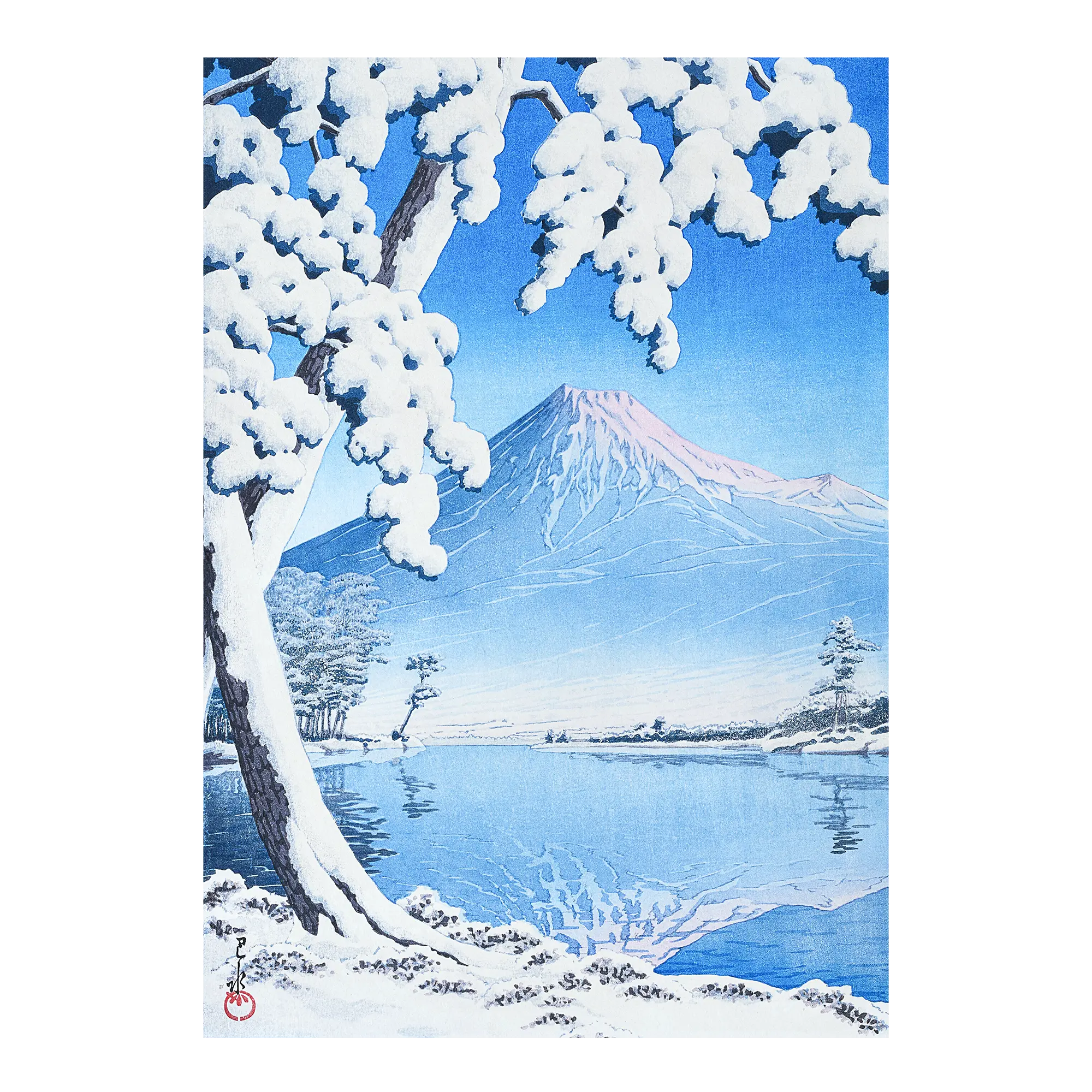 Clearing After a Snowfall on Mt Fuji Japanese art print unframed showing a snowy Mount Fuji landscape with reflection on calm water in traditional woodblock style