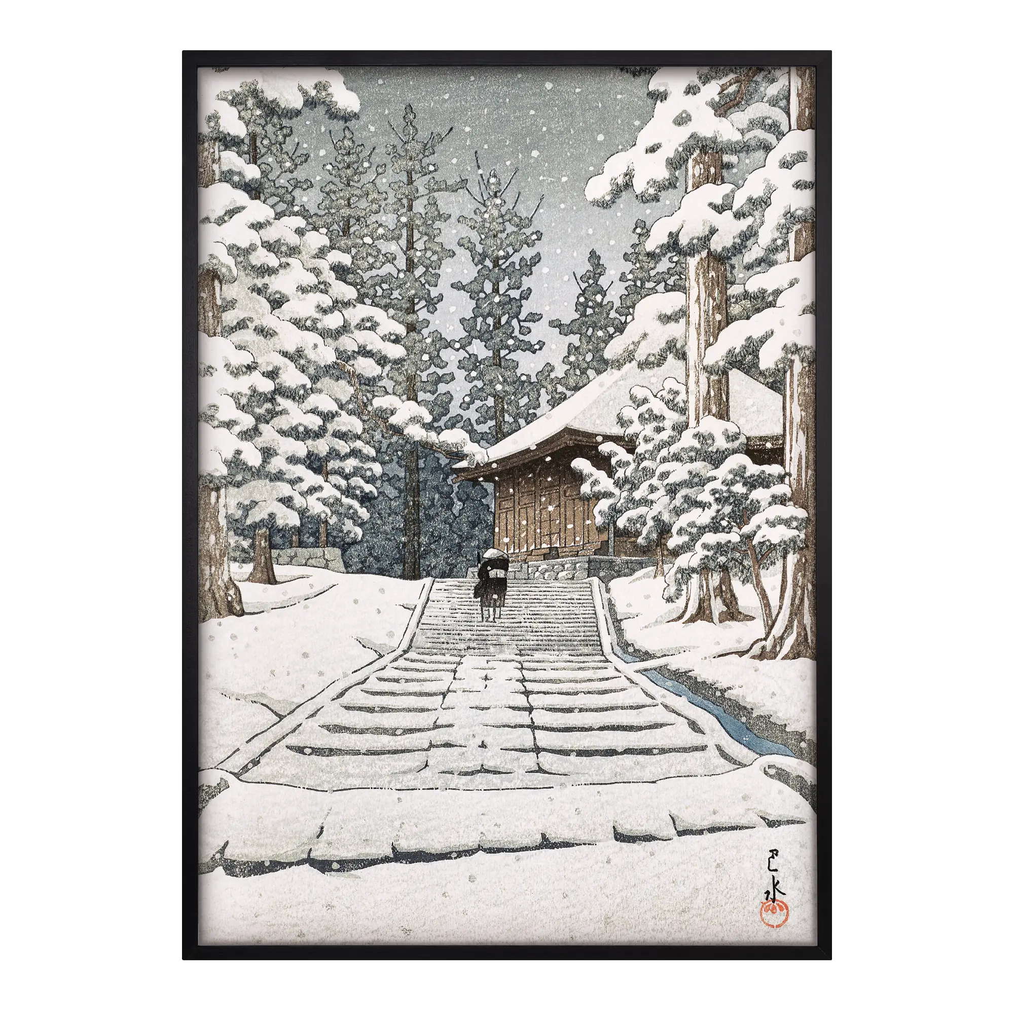 Konjiki Hall at Hiraizumi Japanese art print black frame showing snowy Golden Hall of Chuson‑ji Temple with pathway and trees in traditional woodblock style