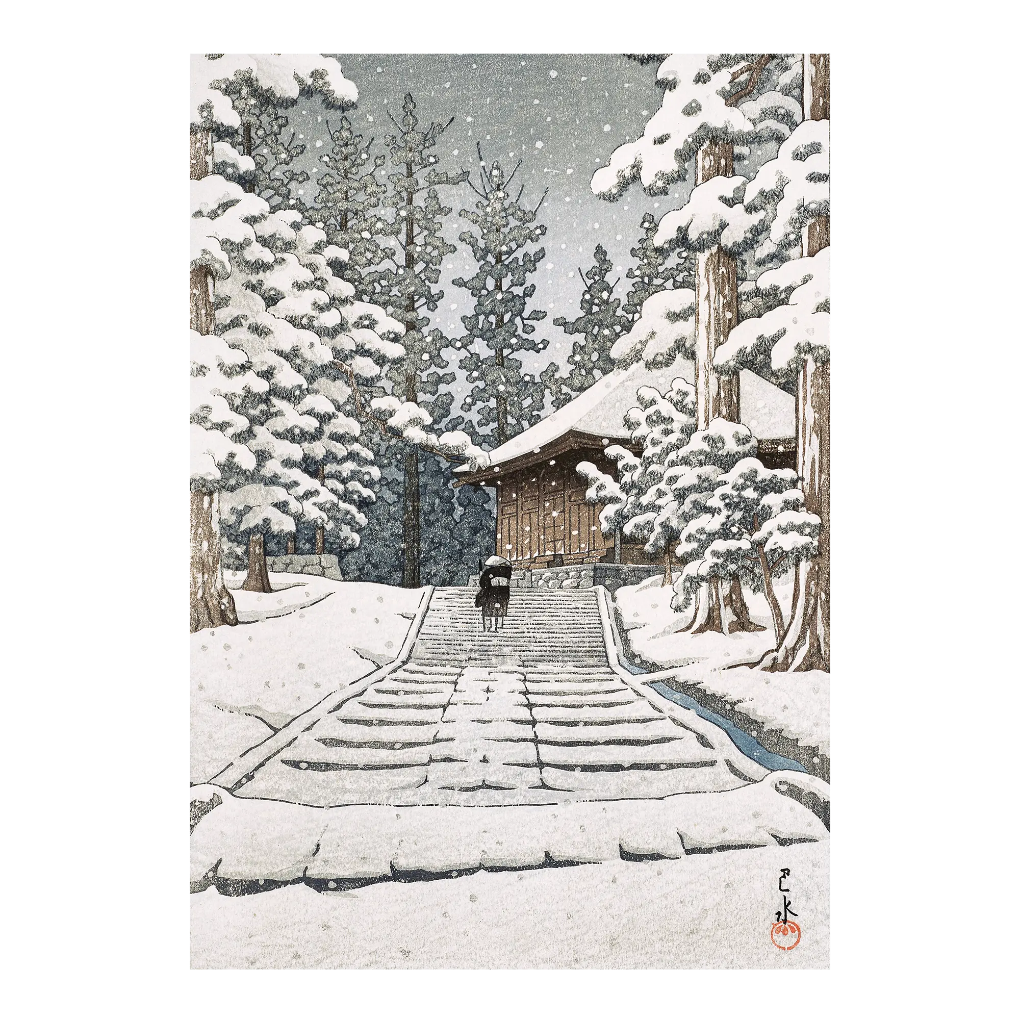 Konjiki Hall at Hiraizumi Japanese art print unframed showing snowy Golden Hall of Chuson‑ji Temple with pathway and trees in traditional woodblock style