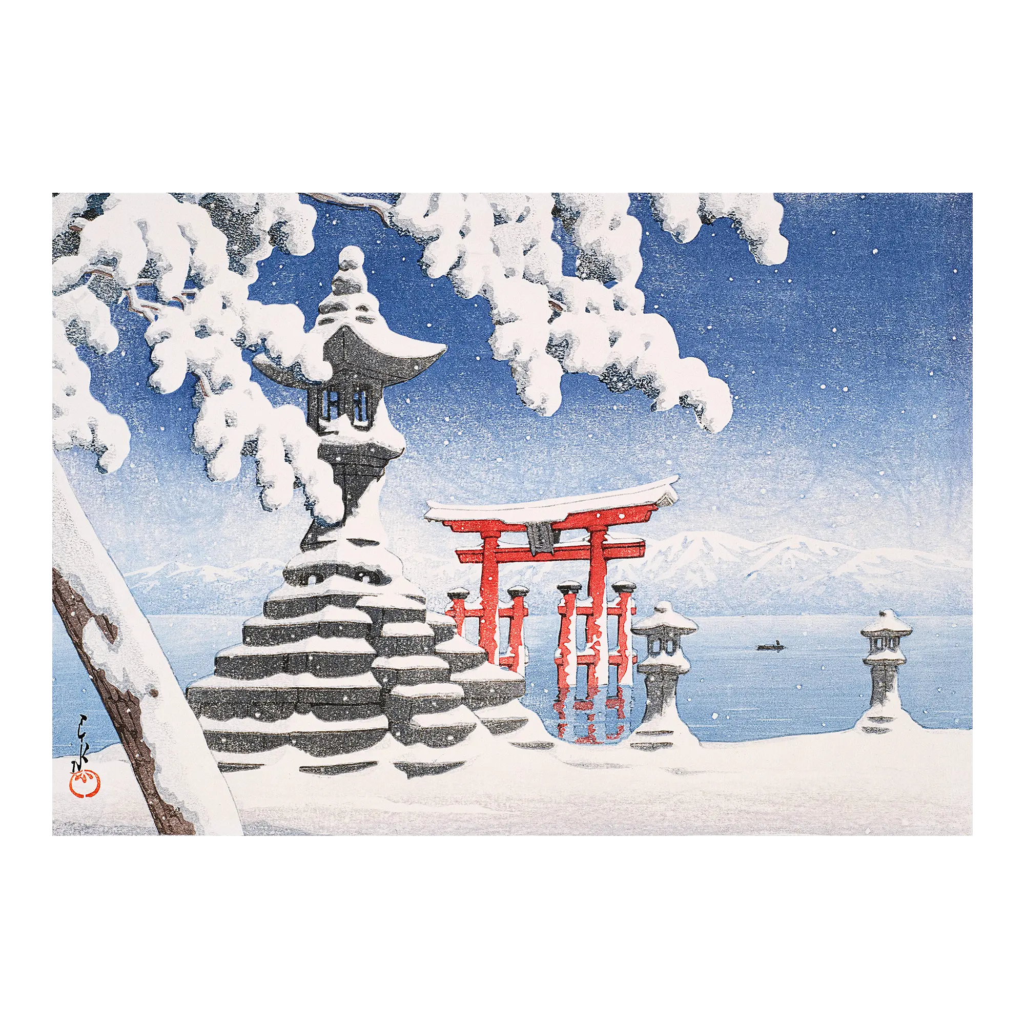 Snow at Itsukushima Japanese art print showing a snowy Shinto shrine landscape with torii gate and trees, unframed