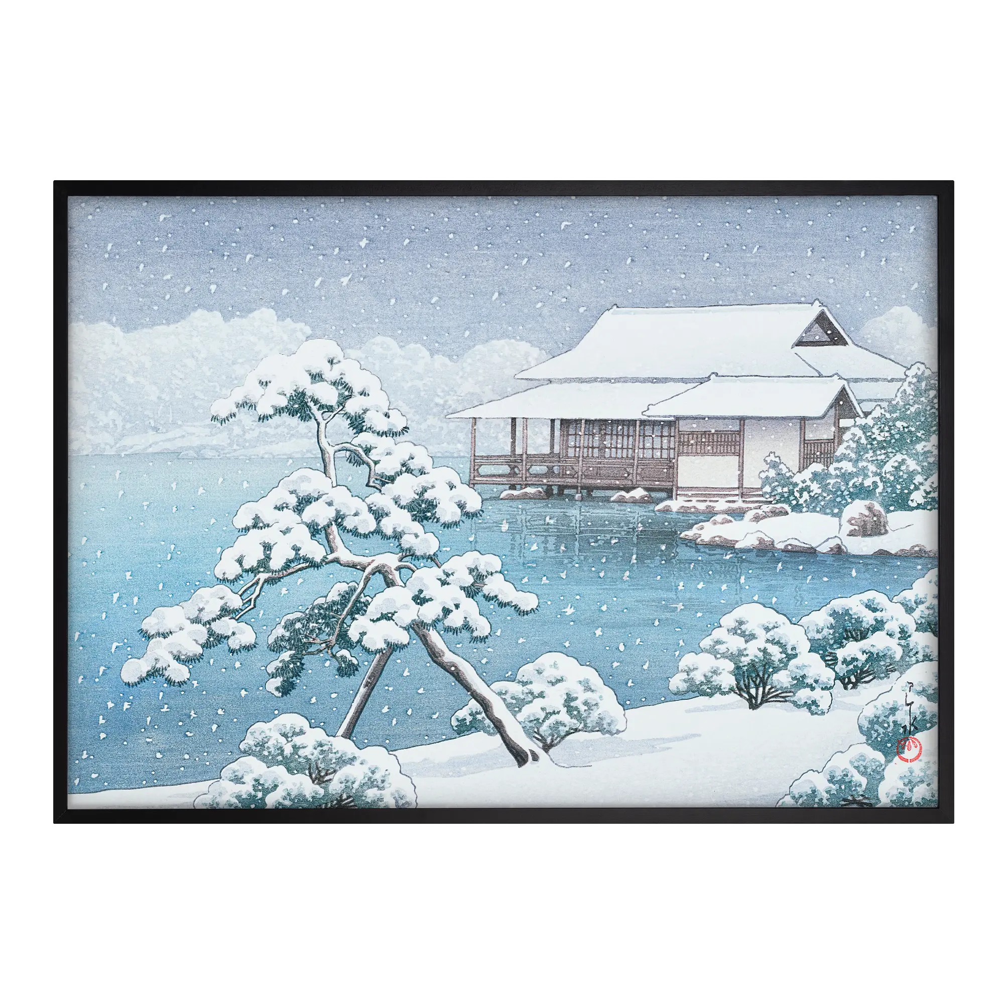 Snow at Kiyosumi Park Japanese art print black frame showing a traditional snowy garden scene with pond and trees in classic woodblock style