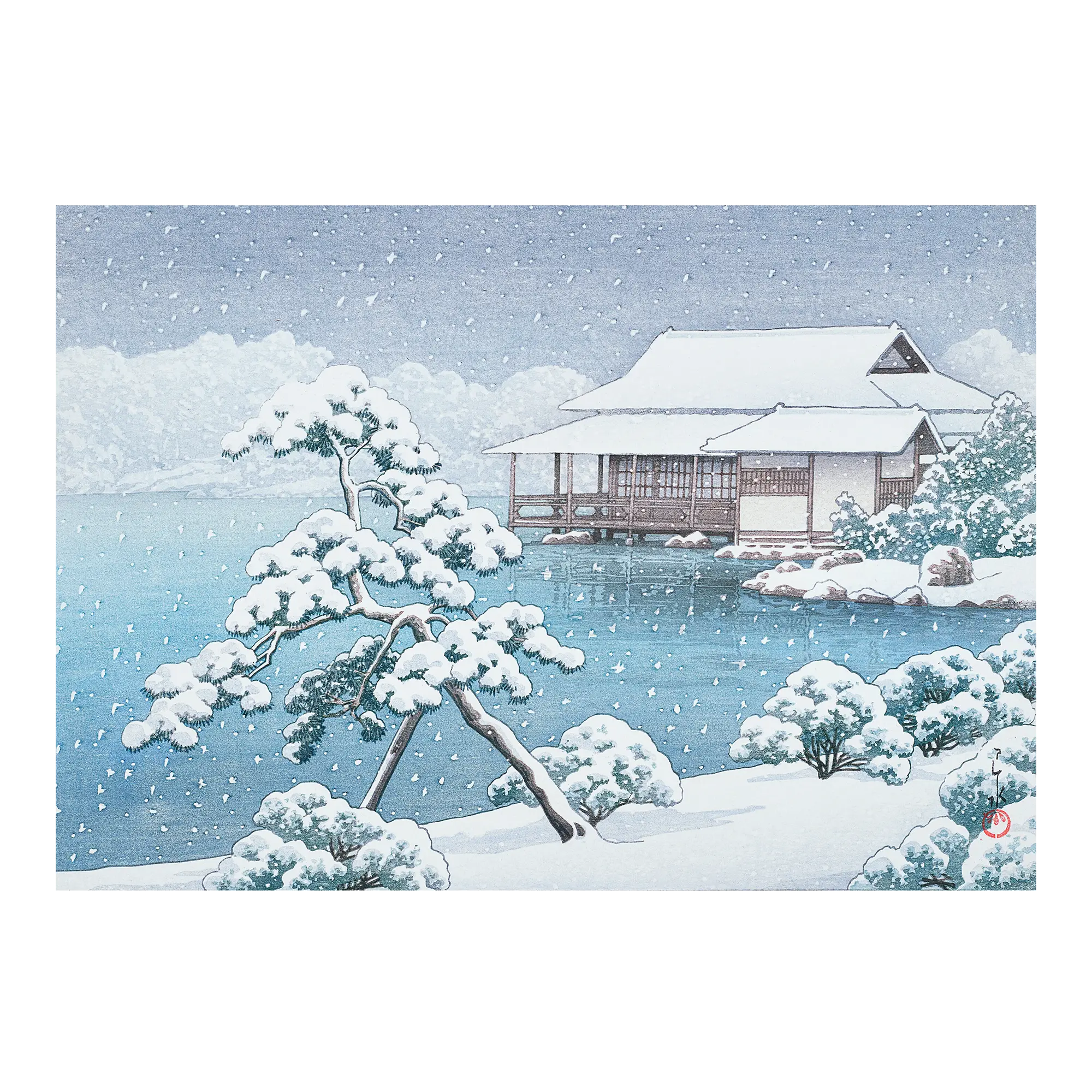 Snow at Kiyosumi Park Japanese art print unframed showing a traditional snowy garden scene with pond and trees in classic woodblock style