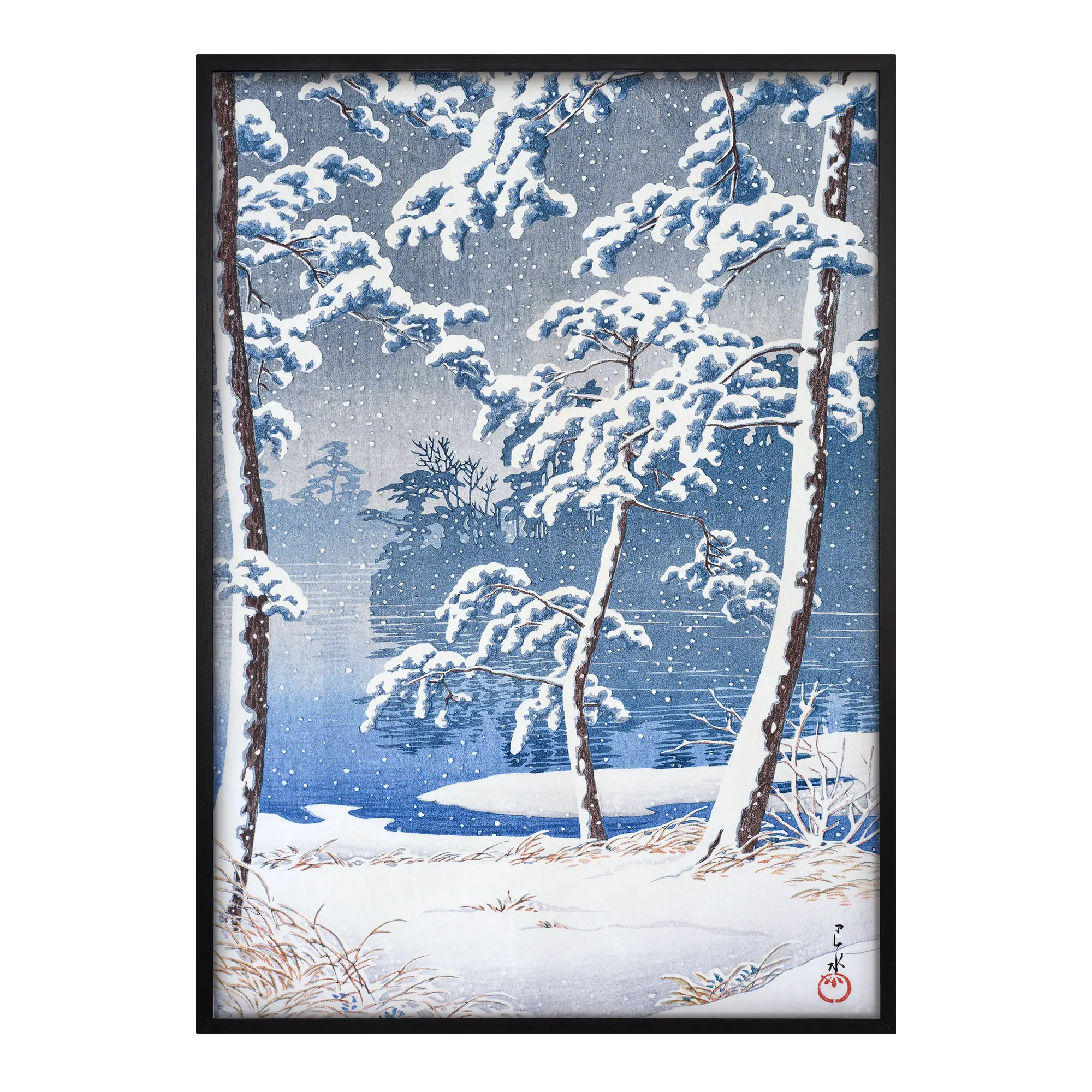 Senzoku Pond Japanese art print black frame showing a traditional snowy lake landscape with trees in classic woodblock style