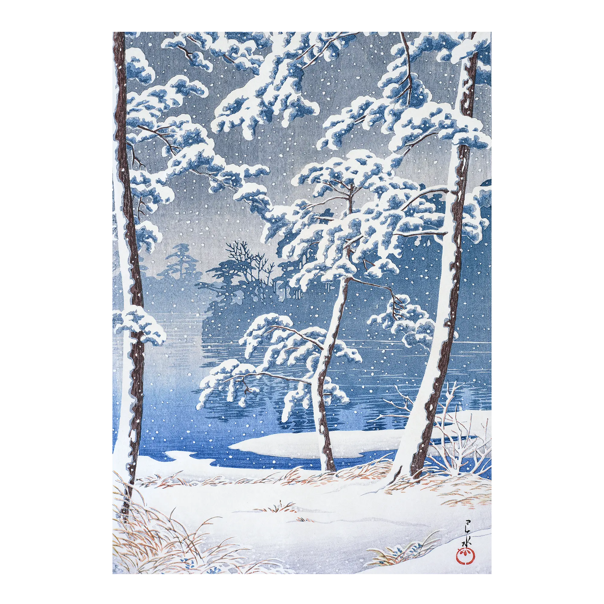 Senzoku Pond Japanese art print unframed showing a traditional snowy lake landscape with trees in classic woodblock style