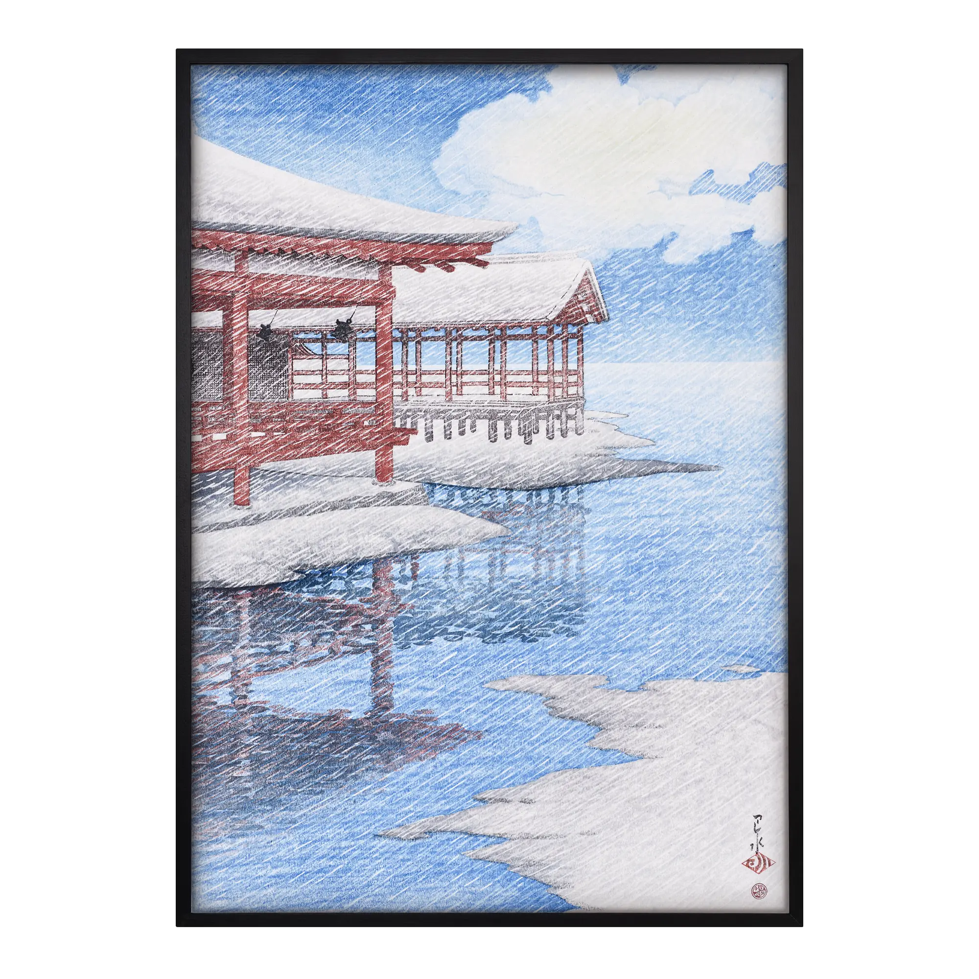 A Fine Winter’s Sky at Miyajima japanese art print black frame showing a snowy coastal Japanese landscape with shrine buildings over water and soft winter sky