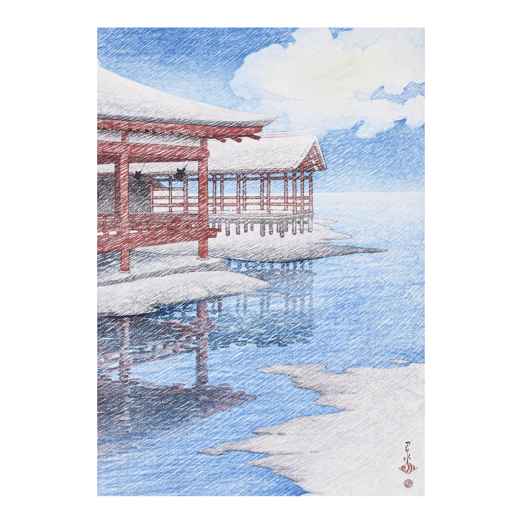 A Fine Winter’s Sky at Miyajima japanese art print unframed showing a snowy coastal Japanese landscape with shrine buildings over water and soft winter sky