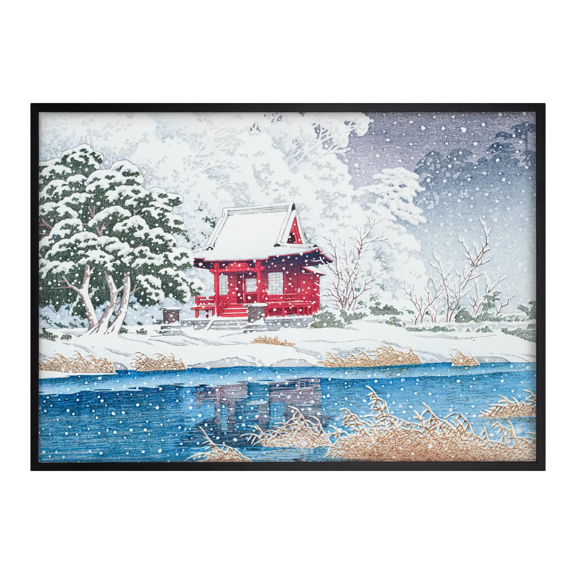 The Inokashira Benten Shrine in Snow Japanese art print black frame showing a snowy Japanese shrine by the Inokashira pond with trees and falling snow
