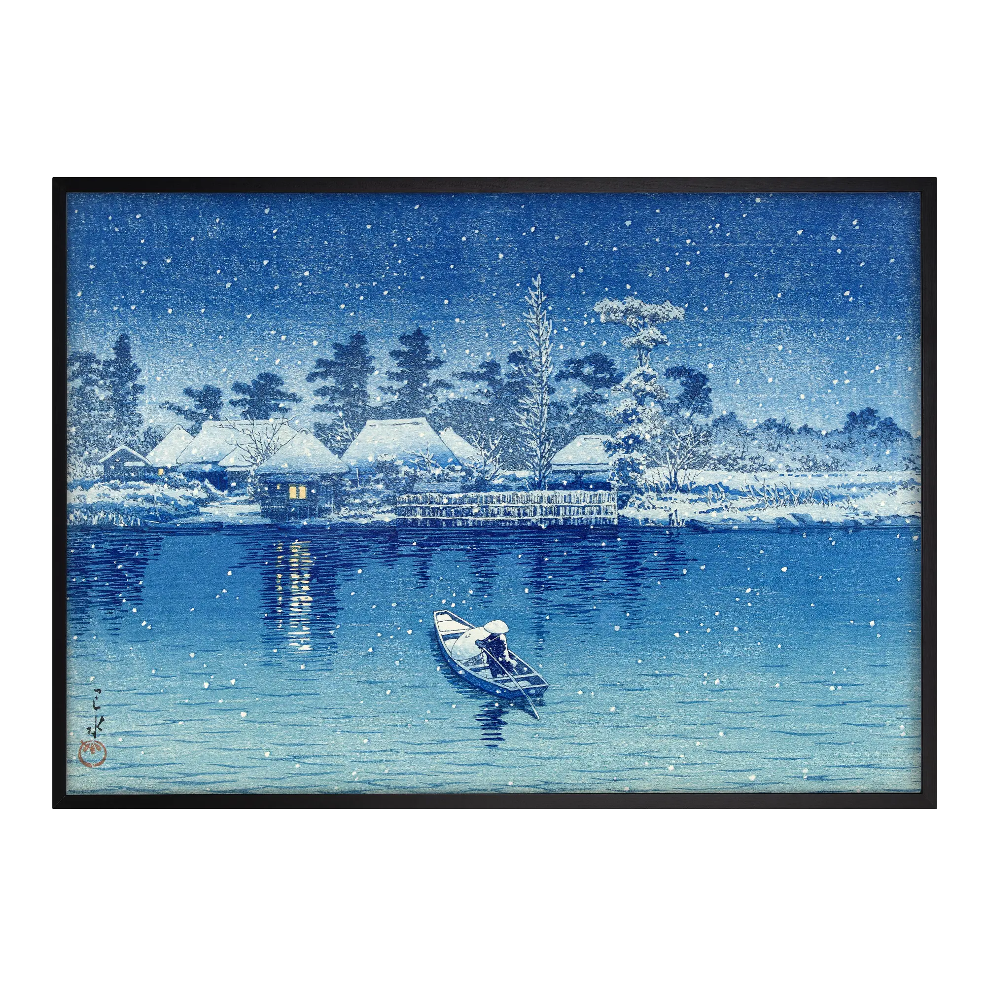 Ushibori Japanese art print black frame showing a traditional woodblock scene of a boat on a riverbank with Mount Fuji in the background