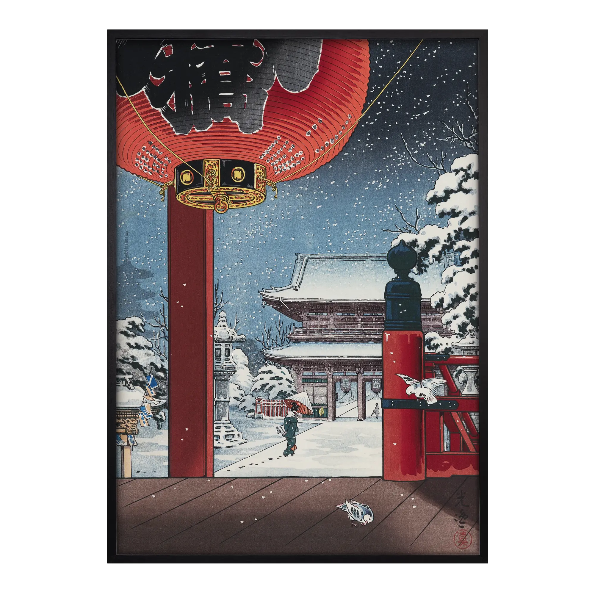 Winter Snow at Asakusa Kannon Temple Japanese art print snowy temple scene black frame