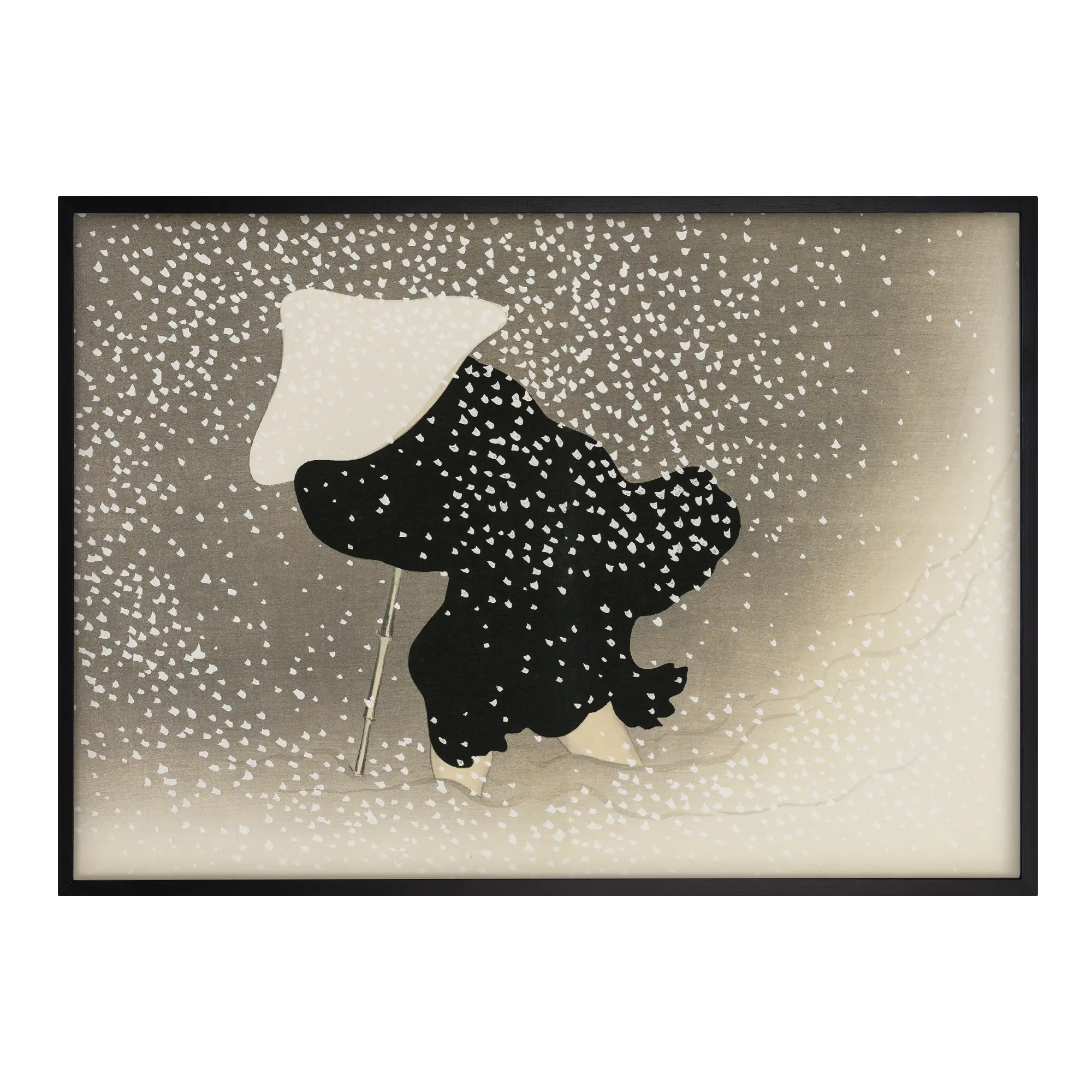 Swirling Snow Japanese art print black frame dynamic winter scene with swirling snow and figure