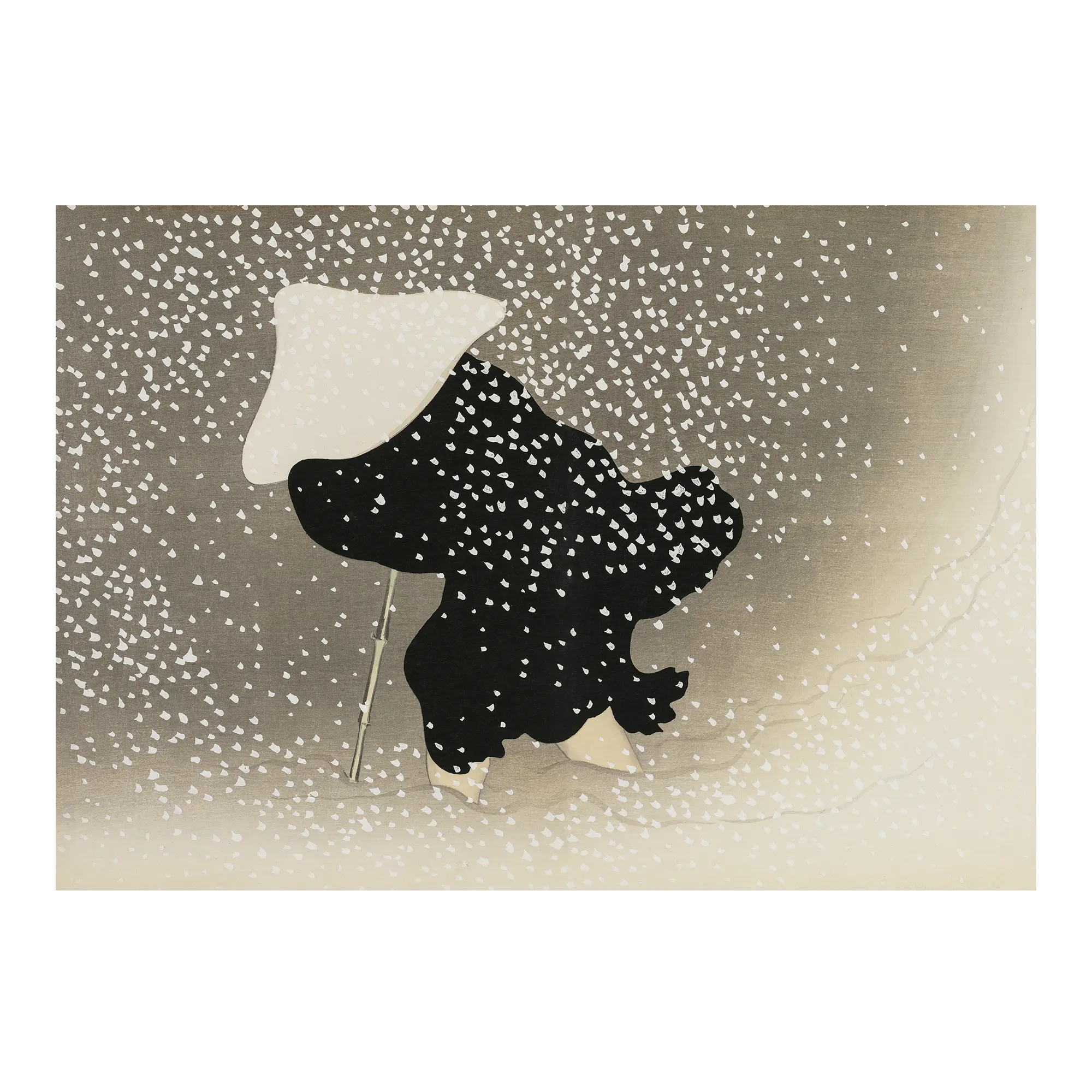 Swirling Snow Japanese art print dynamic winter scene with swirling snow and figure unframed