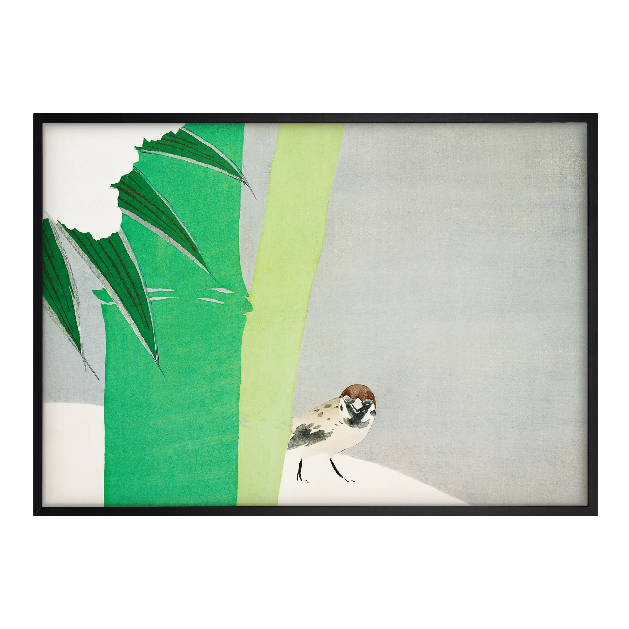 japanese art print bamboo in snow with bird black frame green and white tones