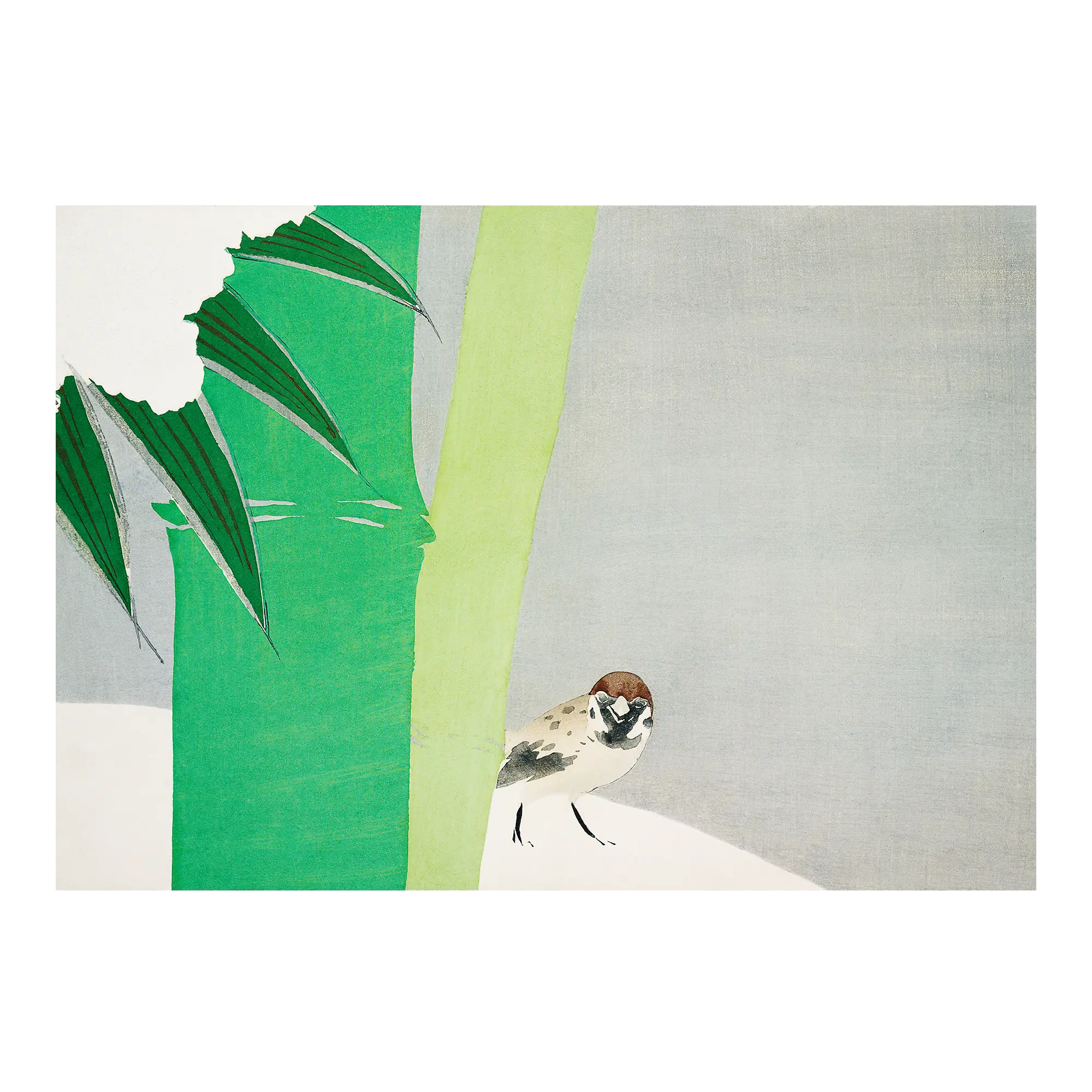 japanese art print bamboo in snow with bird unframed green and white tones