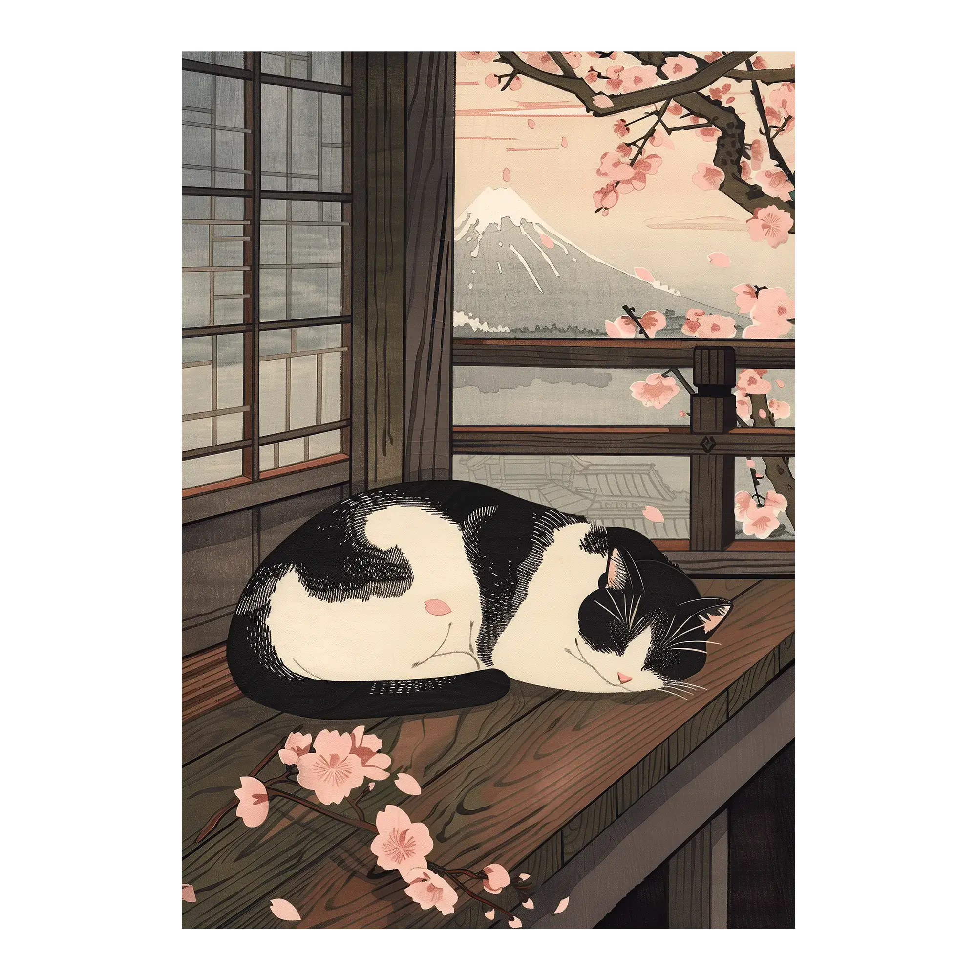 Sleeping Cat in Spring Japanese art print black‑and‑white cat resting on a wooden engawa under cherry blossoms and Mount Fuji in the background